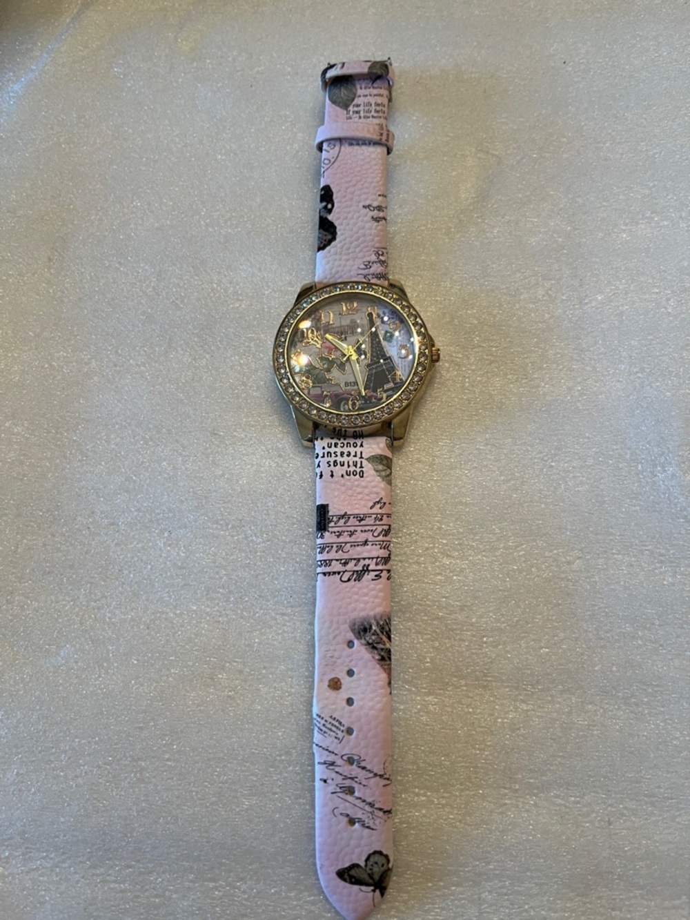 Pink Paris-Themed Crystal Accent Fashion Watch